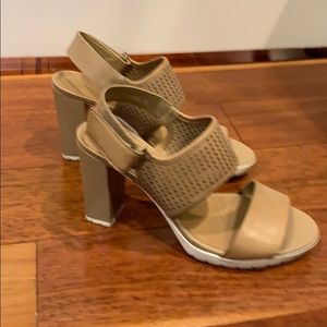Tan and white Clark’s artisan chunky heels